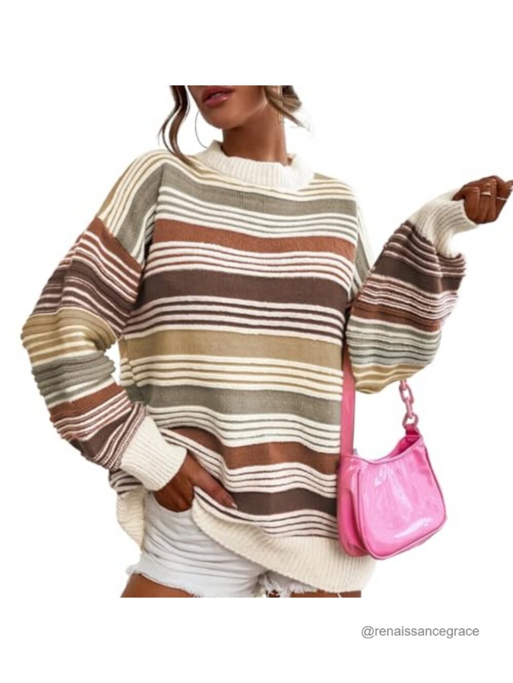 Womens Oversized Cable Knit Striped Pullover Sweater Crew Neck Long Sleeve
